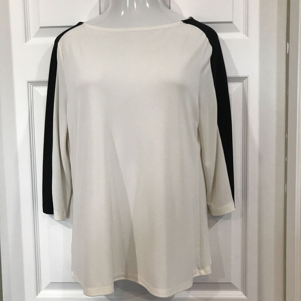 Ann Taylor Loft Ivory Stretch Tunic Top Blouse Black Shoulder Women's XL